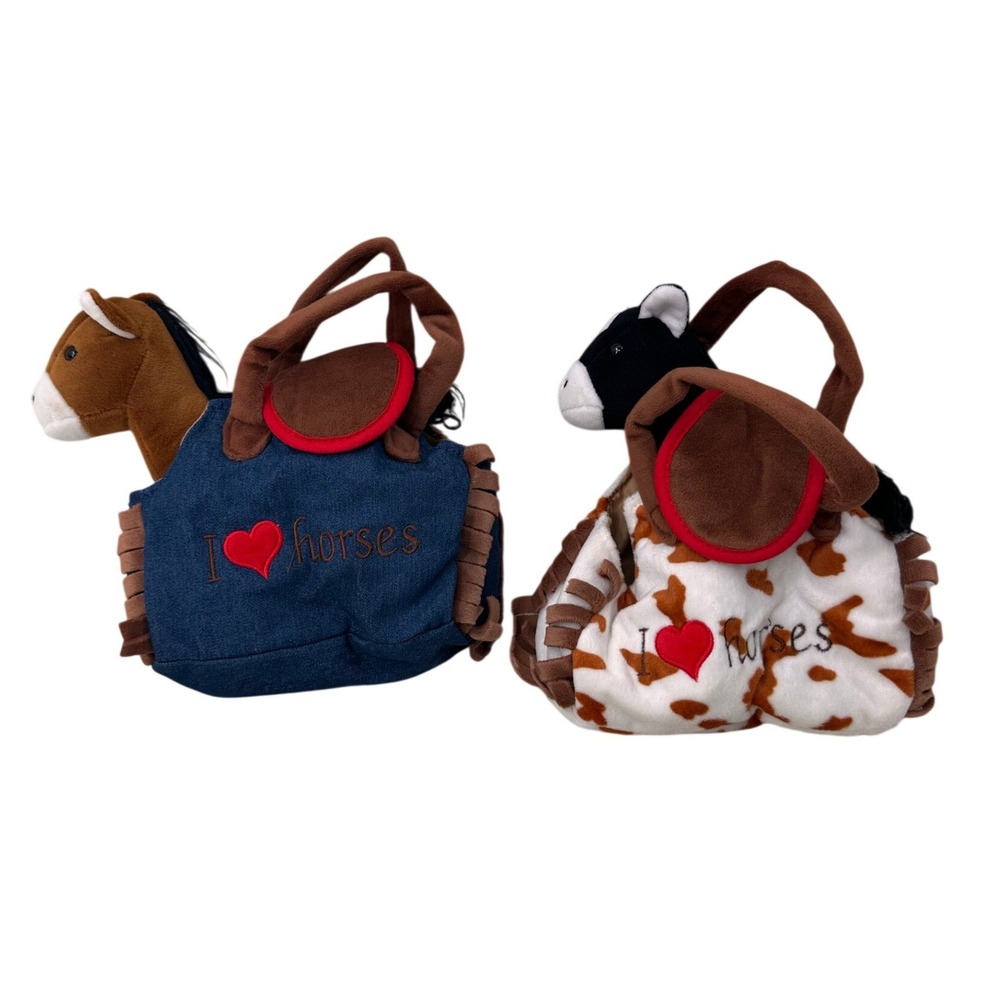 PMT Holdings Plush Horse Stuffed Animal Toy 2 Sets Cow Print Denim Bag 8 in